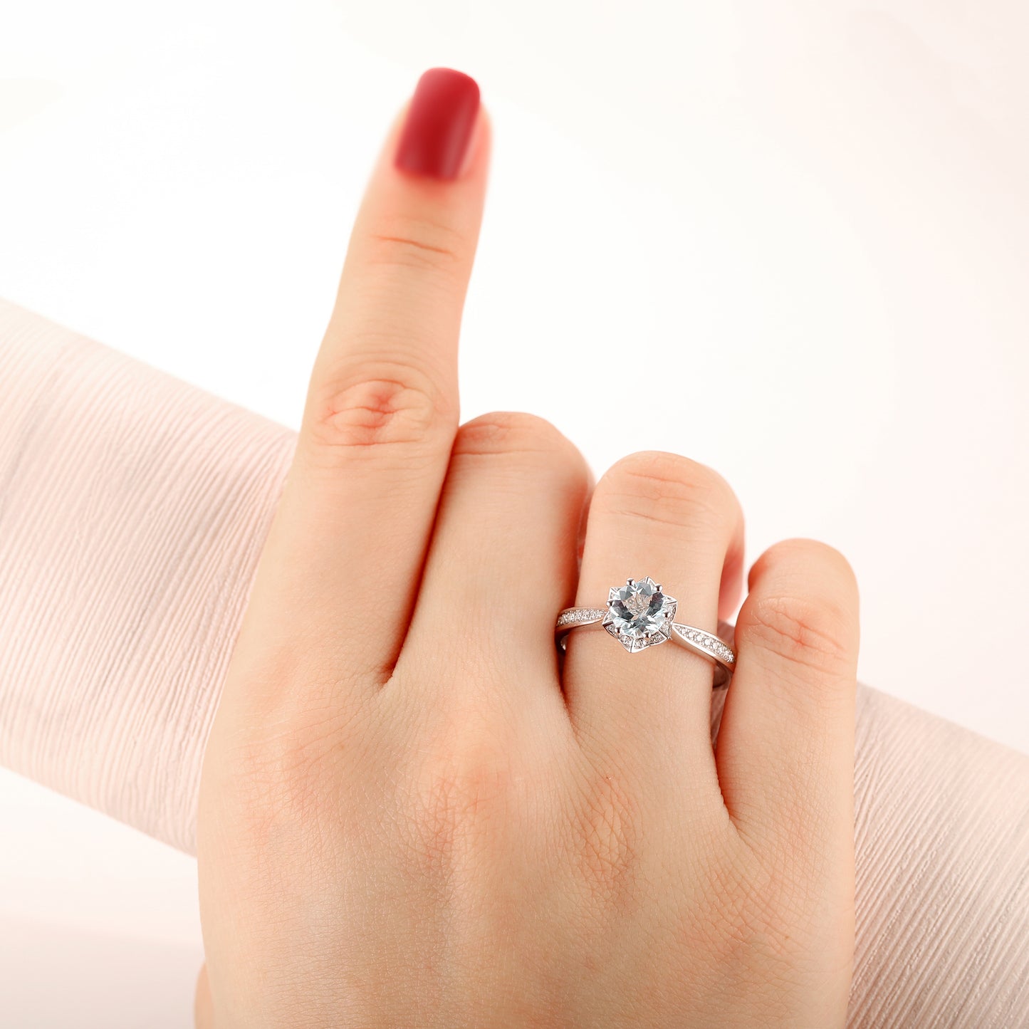 Round 1CT Aquamarine Ring, 14k White Gold Engagement Wedding Ring