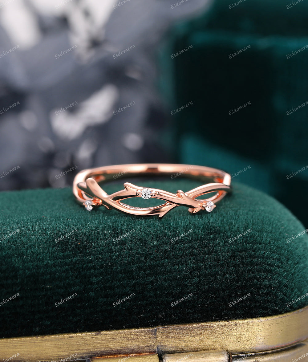 Vintage Moissanite Wedding Band 14k Rose Gold Art Deco Engagement Matching Ring