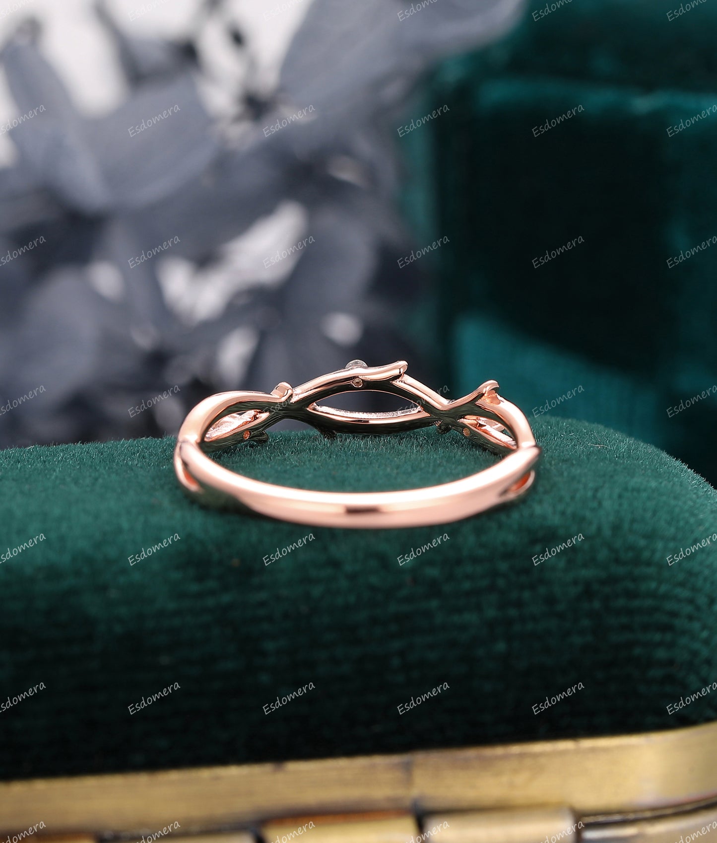 Vintage Moissanite Wedding Band, 14k Rose Gold Art Deco Engagement Matching Ring, Bridal Ring For Her