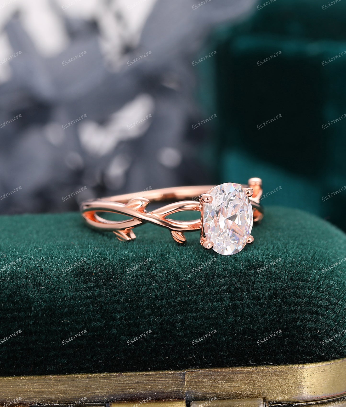 Leaf Vine Anniversary Ring, Oval Cut 1.5CT Moissanite Engagement Ring, 14k Rose Gold Ring For Her, Art Deco Bridal Ring