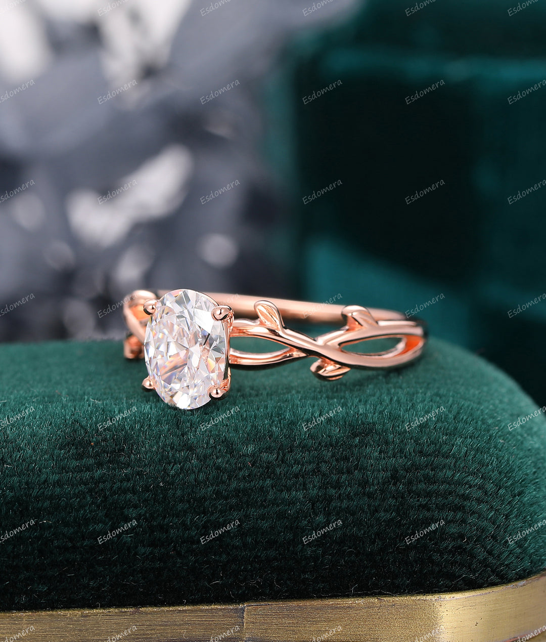Leaf Vine Anniversary Ring, Oval Cut 1.5CT Moissanite Engagement Ring, 14k Rose Gold Ring For Her, Art Deco Bridal Ring
