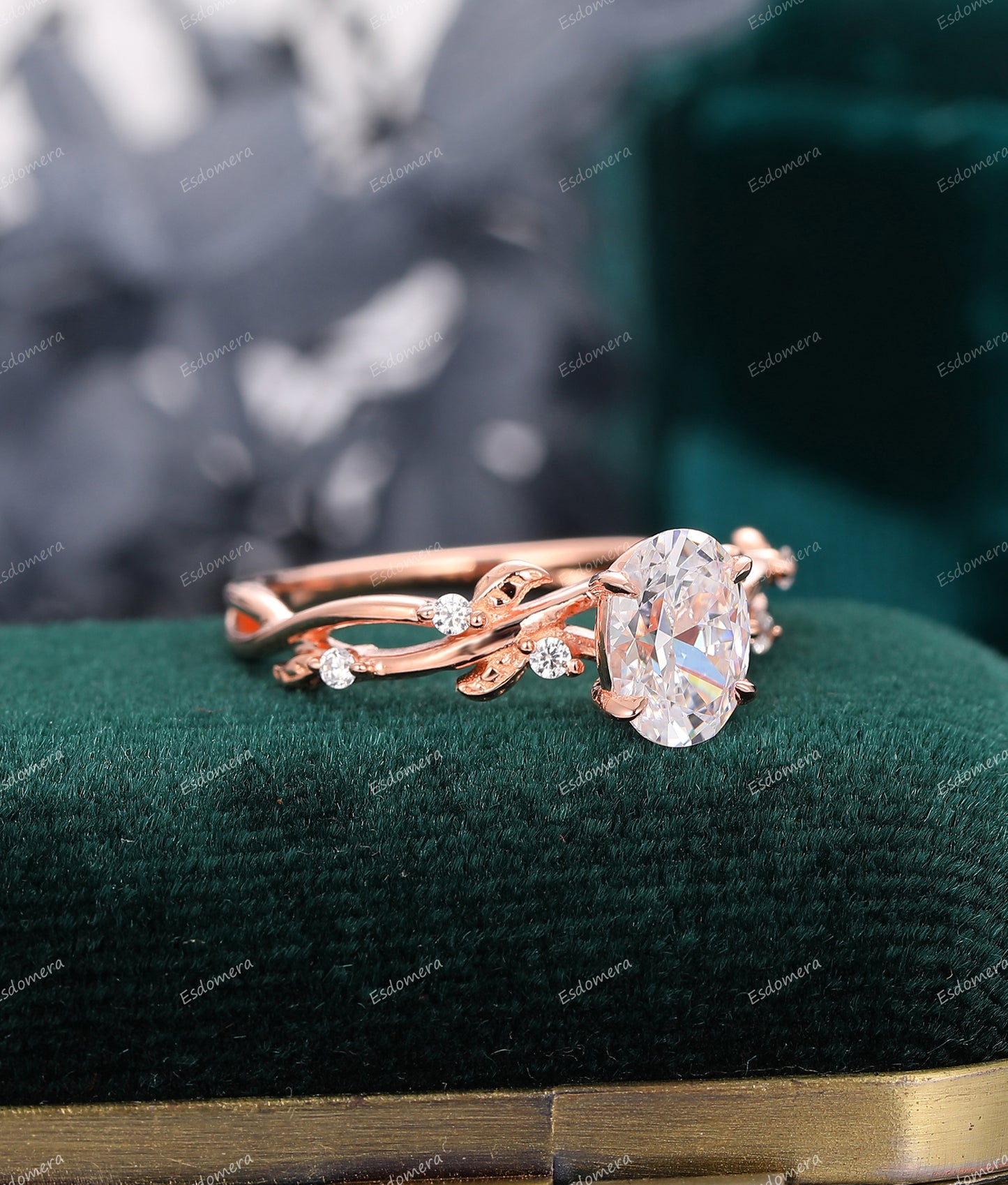 Art Deco Oval Cut 1.50CT Moissanite Engagement Ring, , Leaf Vine Anniversary Ring, 14k Rose Gold Ring For Women