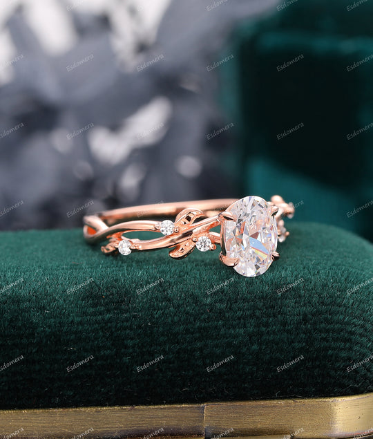Art Deco Oval Cut 1.50CT Moissanite Engagement Ring Leaf Vine Anniversary Ring 14k Rose Gold Ring