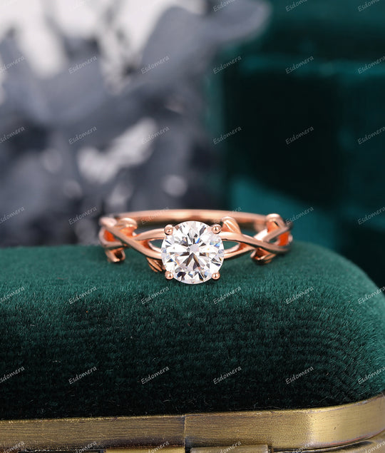 Antique 1CT Round Cut Moissanite Wedding Ring, 14K Rose Gold Leaf Vine Solitaire Moissanite Ring, Art Deco Cross Band Ring