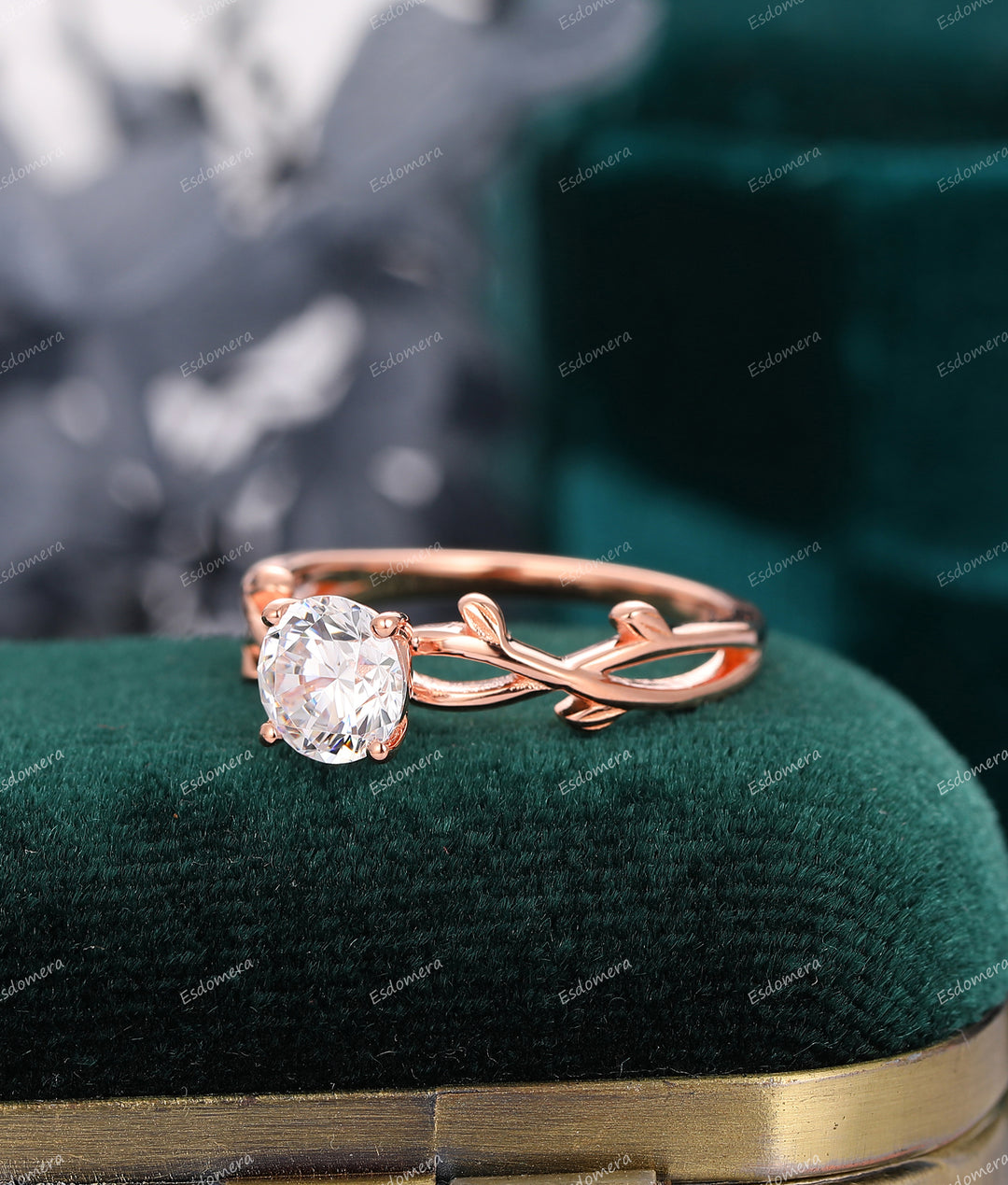Antique 1CT Round Cut Moissanite Wedding Ring, 14K Rose Gold Leaf Vine Solitaire Moissanite Ring, Art Deco Cross Band Ring