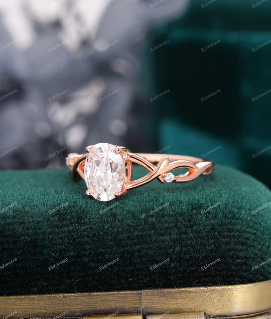 1.5CT Oval Cut Moissanite Ring, Cross Band Wedding Ring, 14K Soild Rose Gold Engagement Ring, Moissanite Promise Ring