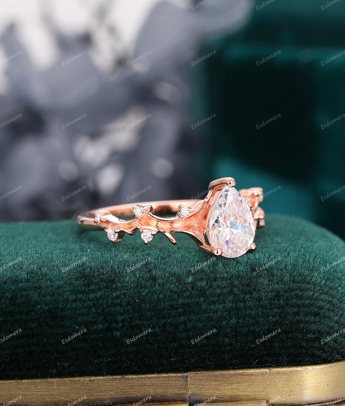 1.3CT Pear Shaped Moissanite Wedding Ring, Branch Engagement Ring, Art Deco Anniversary Ring