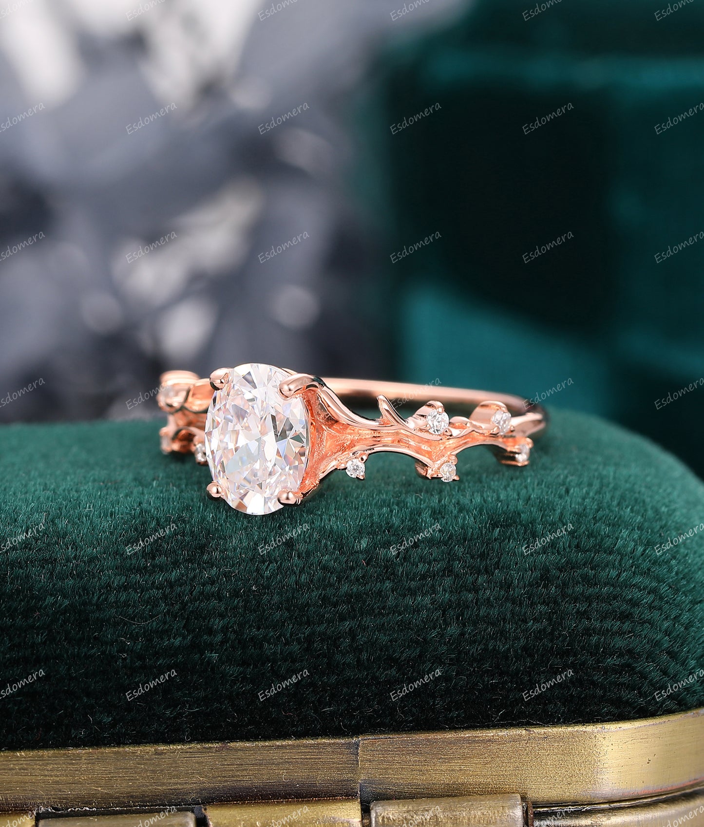 1.5CT Art Deco Oval Moissanite Engagement Ring, 4 Prongs Moissanite Ring, 14k Rose Gold Wedding Ring For Her, Unique Birthday Gift