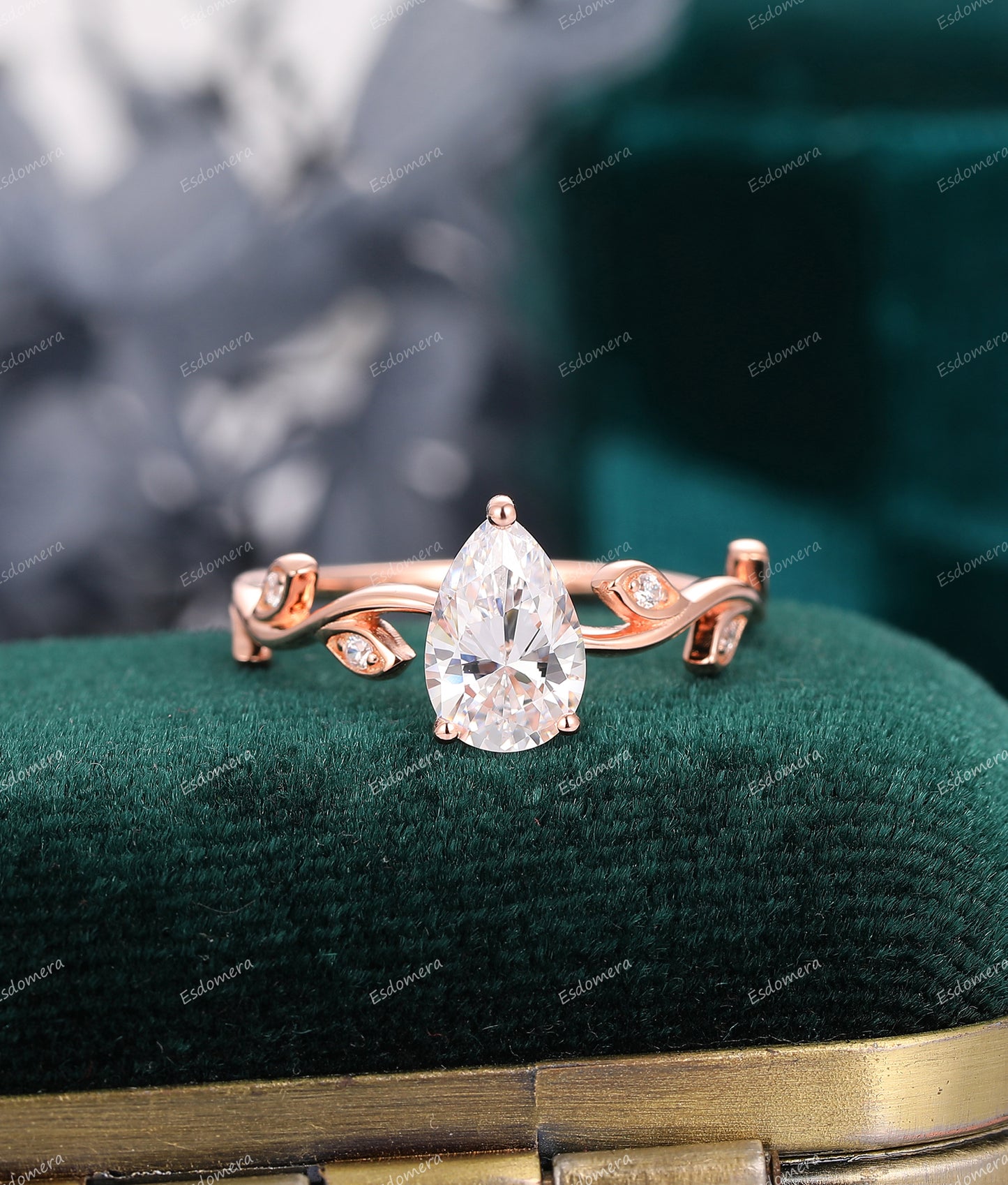 1.50CT Pear Cut Moissanite Wedding Ring, Leaf Vine Engagement Ring, Unique 14K Rose Gold Ring For Women