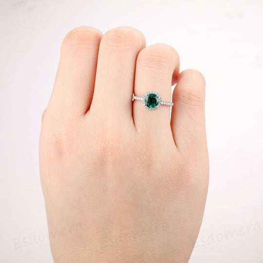 Round Cut 1CT Emerald Wedding Ring, Halo Pave Set Accent Ring, 14k White Gold Ring