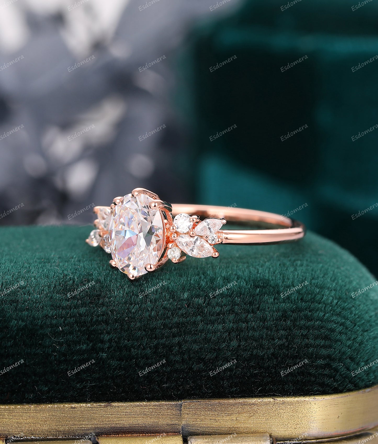 Art Deco 1.5CT Oval Cut Moissanite Wedding Ring, 14K Rose Gold Moissanite Engagement Ring For Women