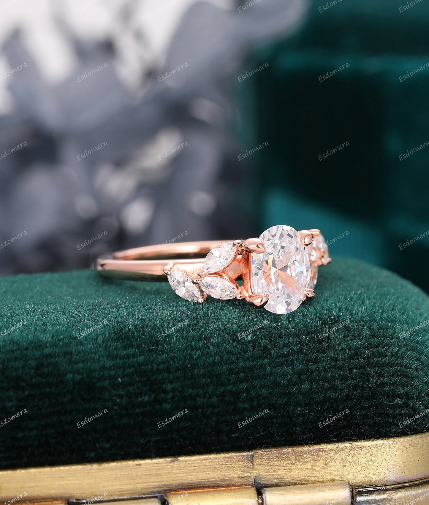 1.5CT Oval Cut Moissanite Wedding Ring, Marquise Moissanite Cluster Ring, 14K Rose Gold Bridal Ring For Women