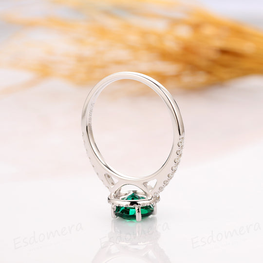 Round Cut 1CT Emerald Wedding Ring, Halo Pave Set Accent Ring, 14k White Gold Ring