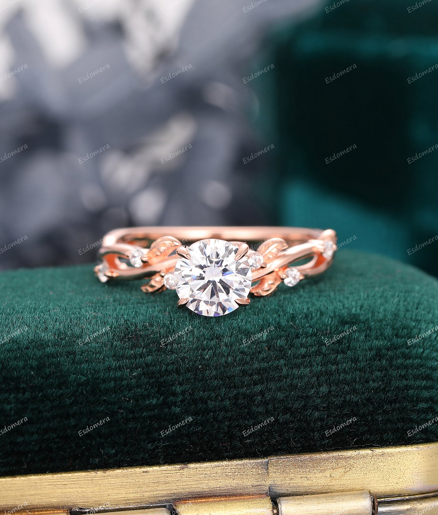 Art Deco Round Cut 1CT Moissanite Engagement Ring, 4 Prongs Leaf Vine Wedding Ring, 14k Rose Gold Bridal Ring For Her