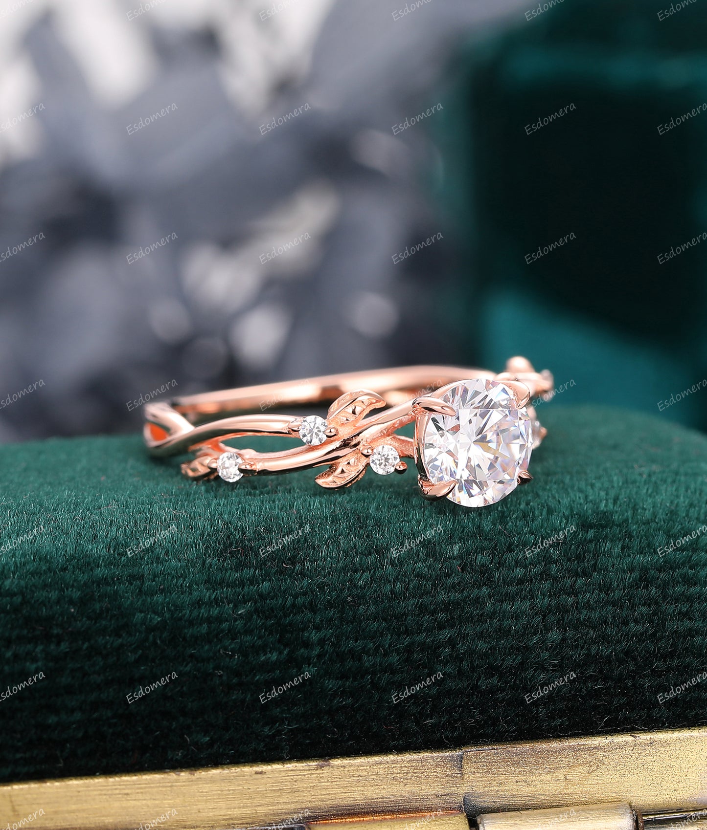 Art Deco Round Cut 1CT Moissanite Engagement Ring, 4 Prongs Leaf Vine Wedding Ring, 14k Rose Gold Bridal Ring For Her