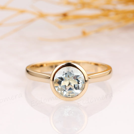 Round Cut 1.5ct Aquamarine Solitaire Bezel Style Ring, 14k Gold Wedding Ring