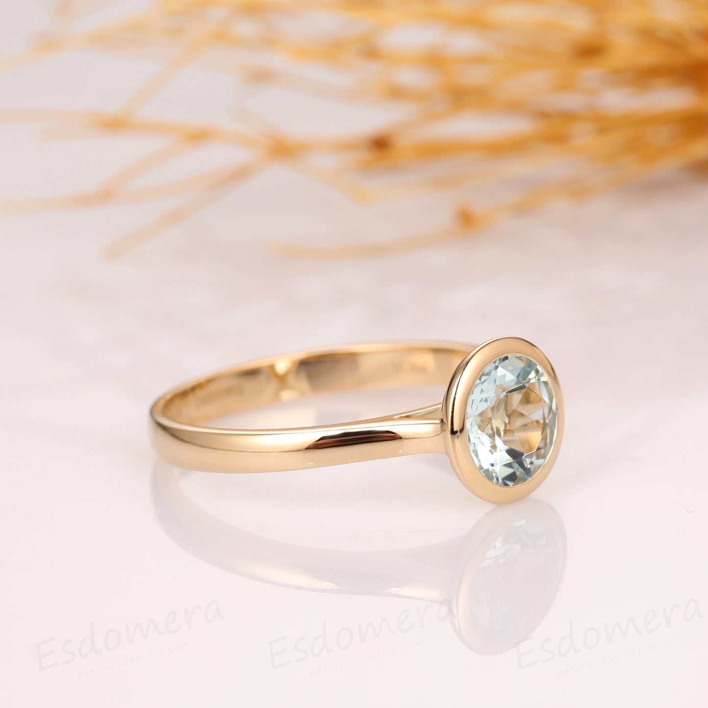 Round Cut 1.5ct Aquamarine Solitaire Bezel Style Ring, 14k Gold Wedding Ring