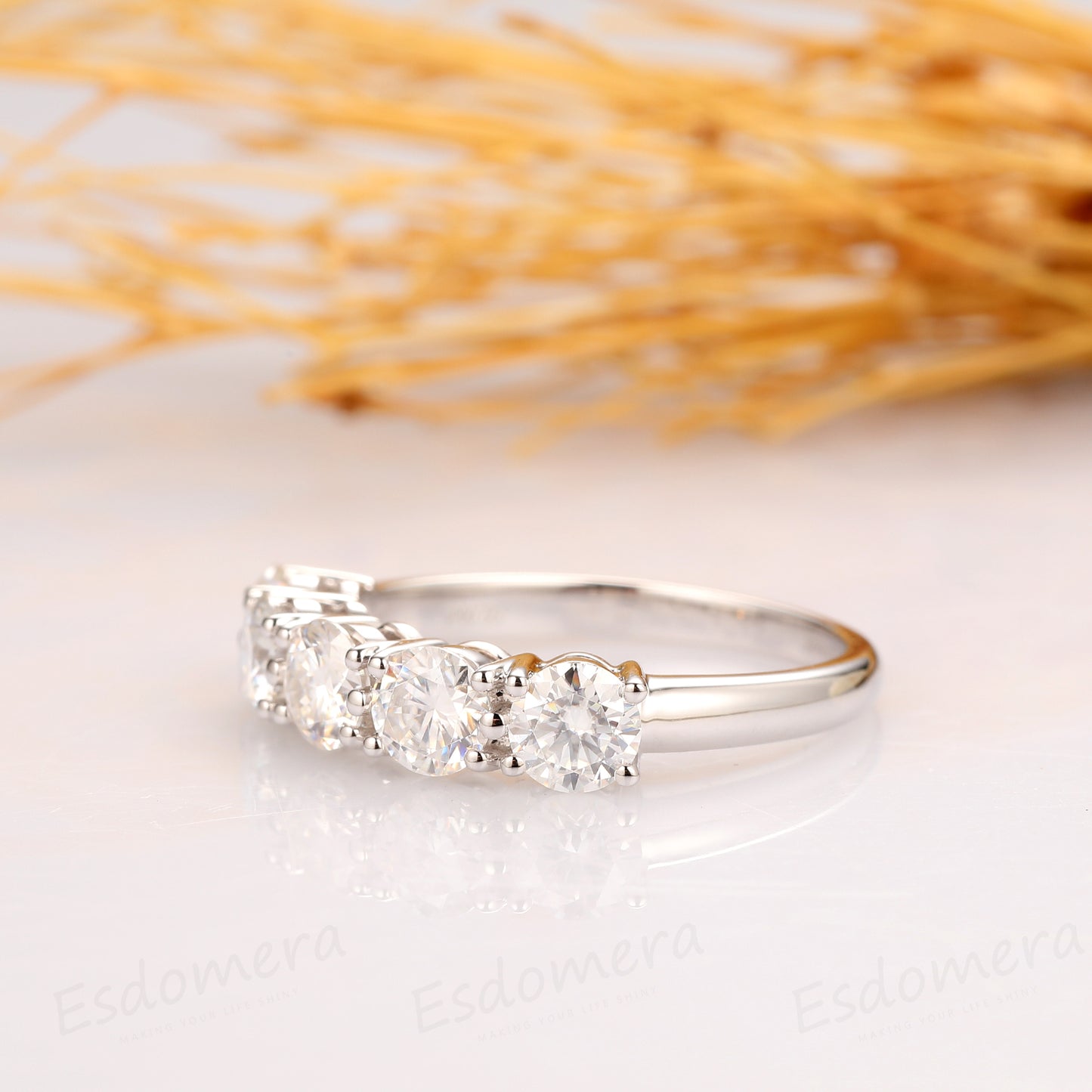 2.0ctw Round Cut Moissanite Wedding Ring, 14k Solid Gold 5 Stone Ring