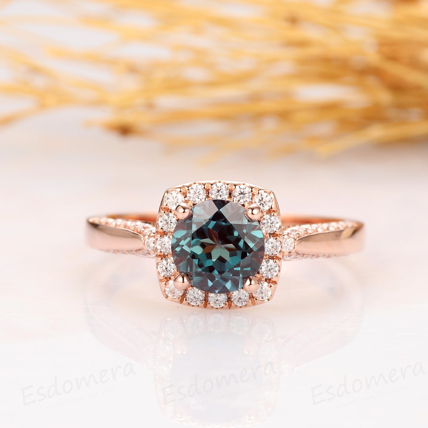 1.25ct Round Cut Alexandrite Ring, Halo Accents 14k Rose Gold Antique Filigree Engagement Ring