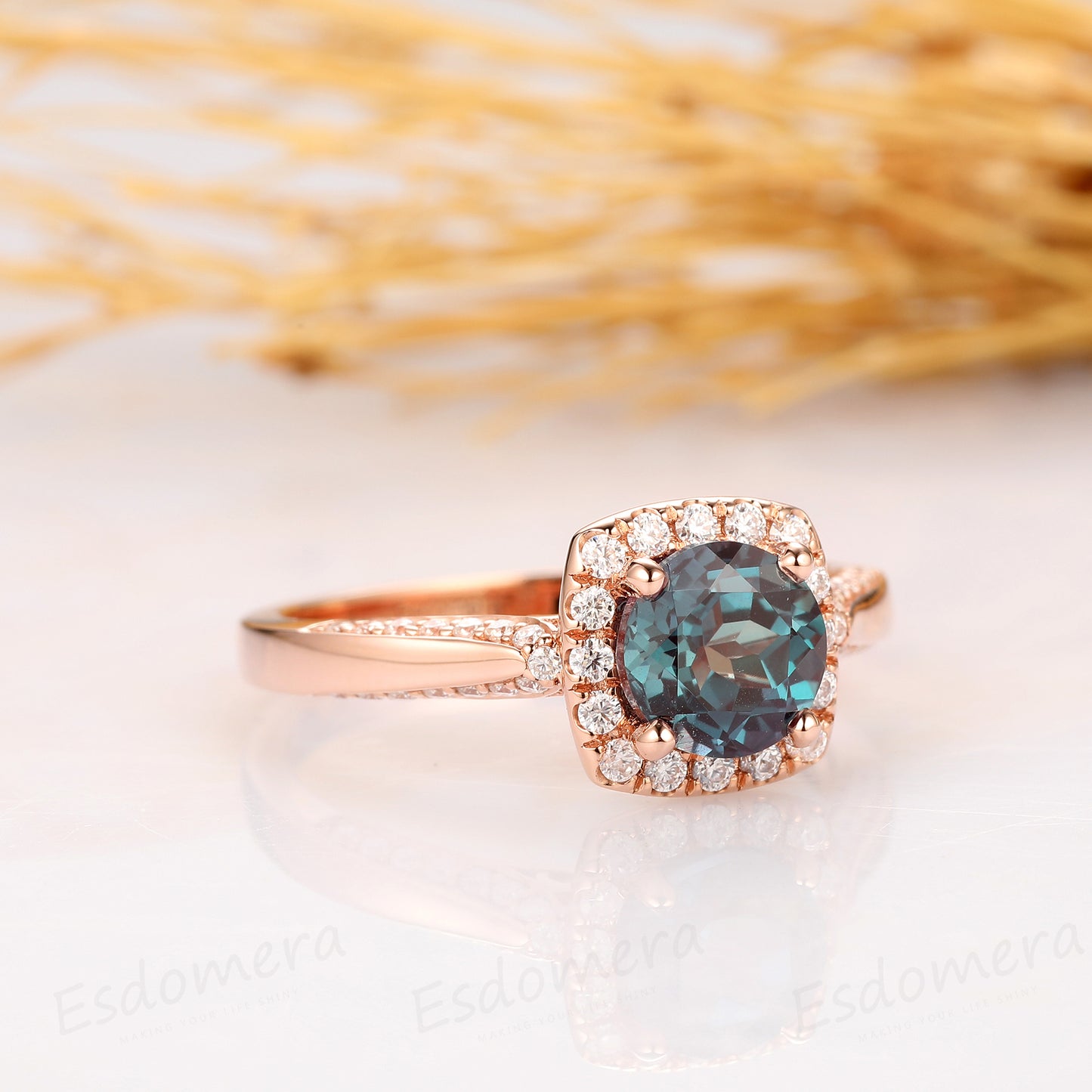1.25ct Round Cut Alexandrite Ring, Halo Accents 14k Rose Gold Antique Filigree Engagement Ring