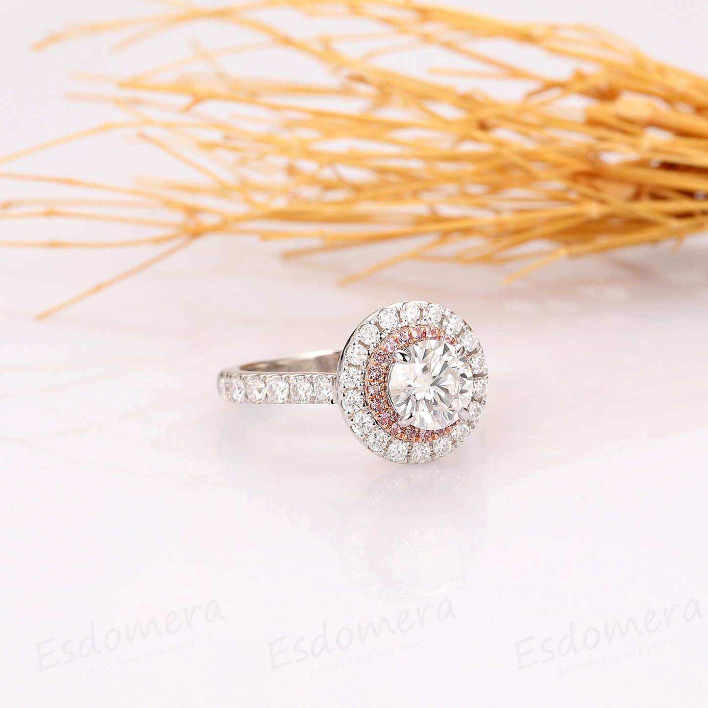 Round 1CT Moissanite Double Halo Pink Accents Engagament Ring