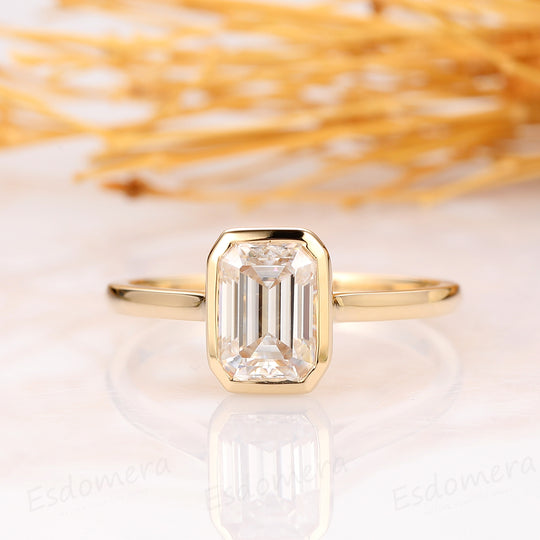 Bezel Setting Ring 1CT Emerald Cut Moissanite Engagement Ring