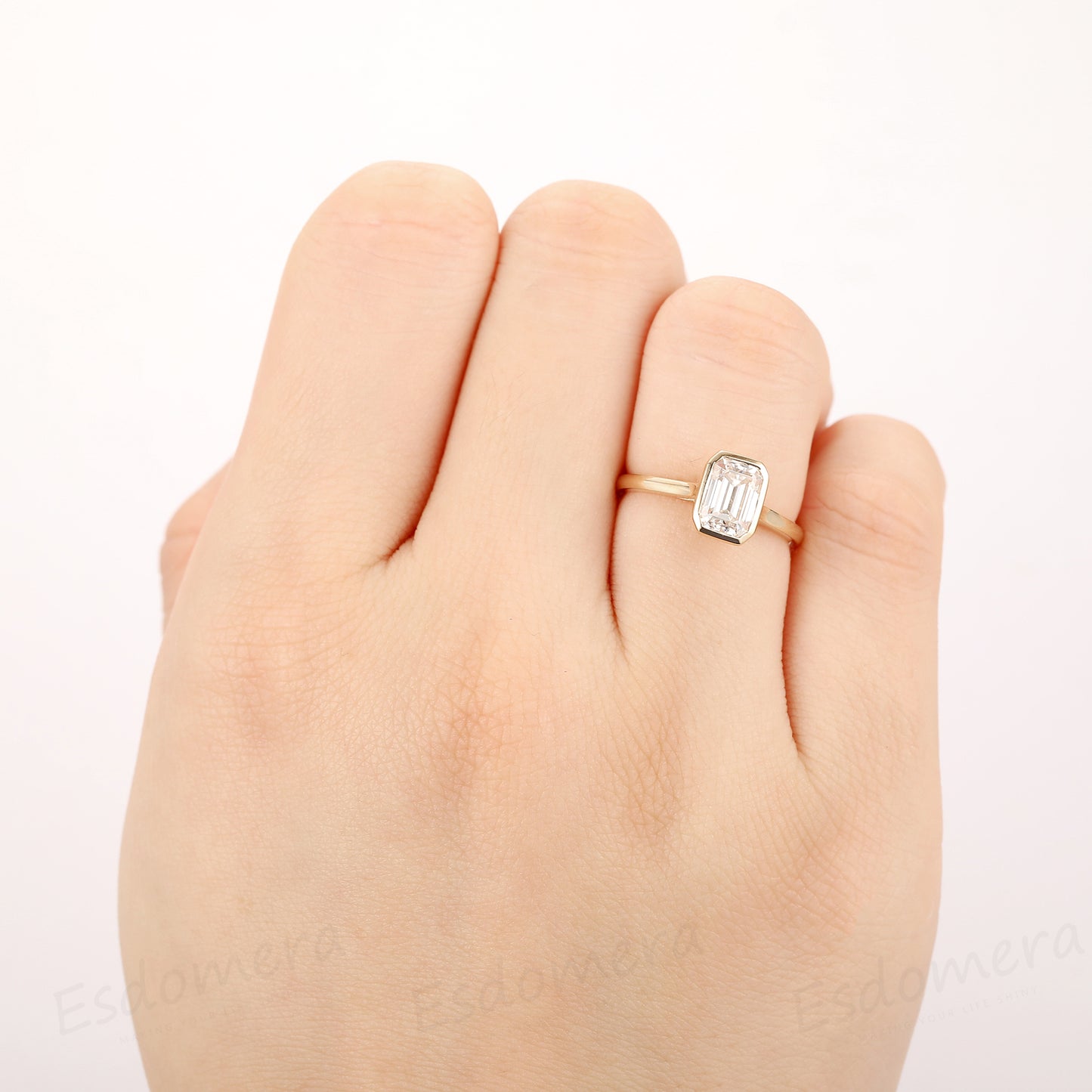 Bezel Setting Ring, 1CT Emerald Cut Moissanite Ring, 14K Yellow Gold Engagement Ring