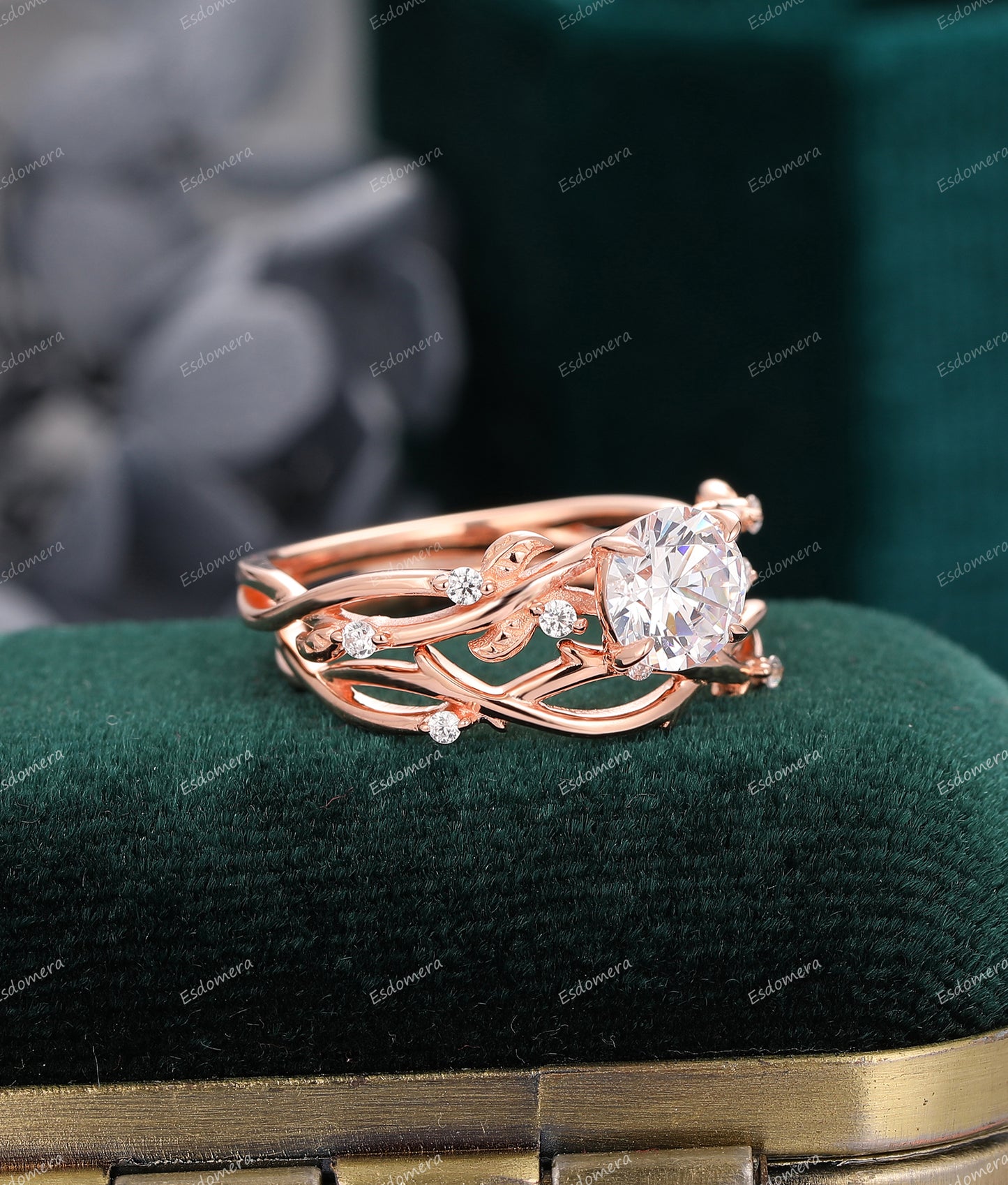 Art Deco Round Cut 1CT Moissanite Engagement Ring Set, 14k Rose Gold Wedding Ring Set, Dainty Branch Matching Band
