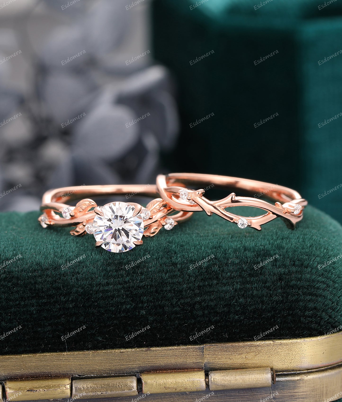 Art Deco Round Cut 1CT Moissanite Engagement Ring Set, 14k Rose Gold Wedding Ring Set, Dainty Branch Matching Band