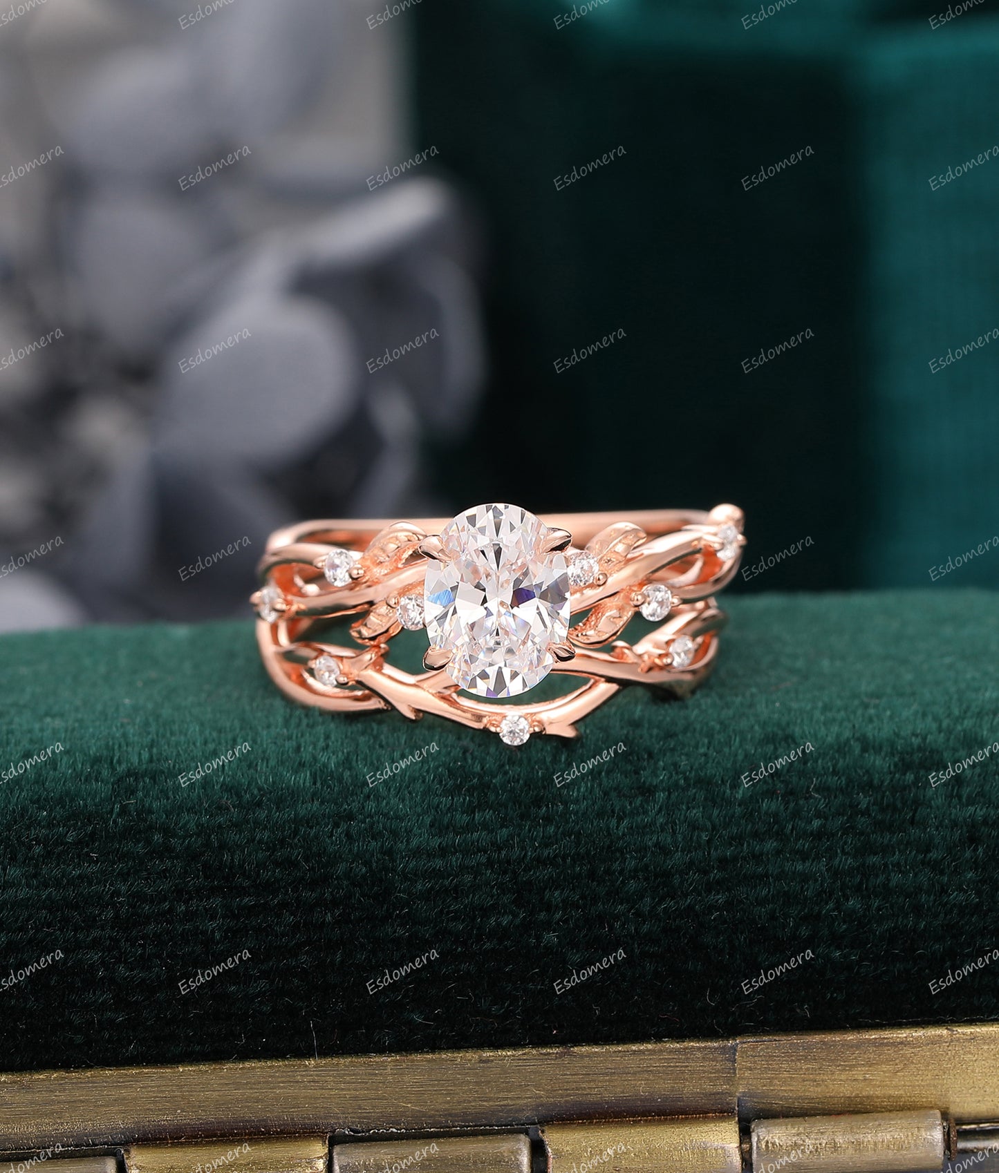 Leaf Moissanite Bridal Set, Oval Moissanite 1.5CT Wedding Ring, Dainty Stacking Ring, Art Deco Engagement Ring Set