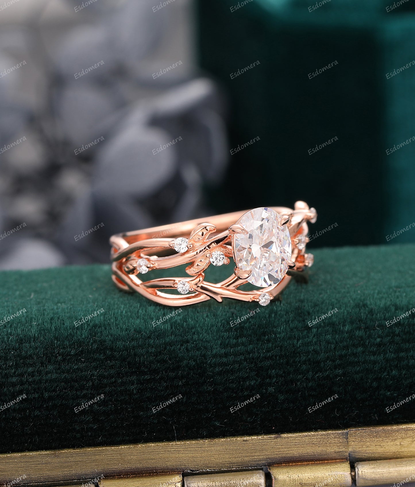 Leaf Moissanite Bridal Set, Oval Moissanite 1.5CT Wedding Ring, Dainty Stacking Ring, Art Deco Engagement Ring Set