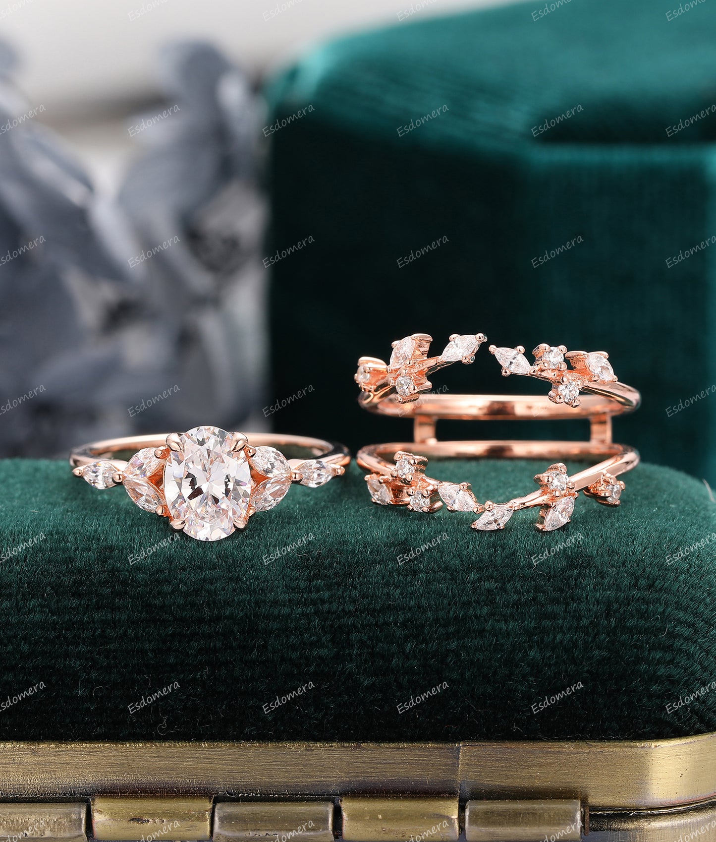 Moissanite Engagement Bridal Set, Leaf Moissanite Stacking Band, Art Deco Oval 1.5CT Moissanite Promise Ring