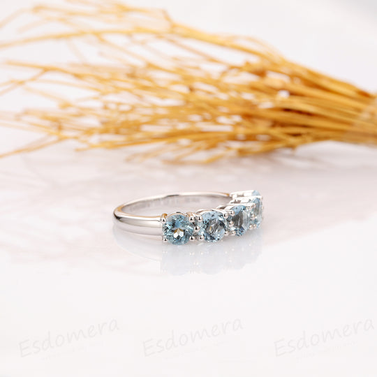 2ctw Round Aquamarine Engagement Ring, 14k White Gold 5 Stone Prong Setting Ring