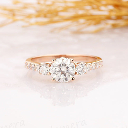 1.0CT Round Cut Moissanite Engagement Ring, 3 Stone Art Deco Ring