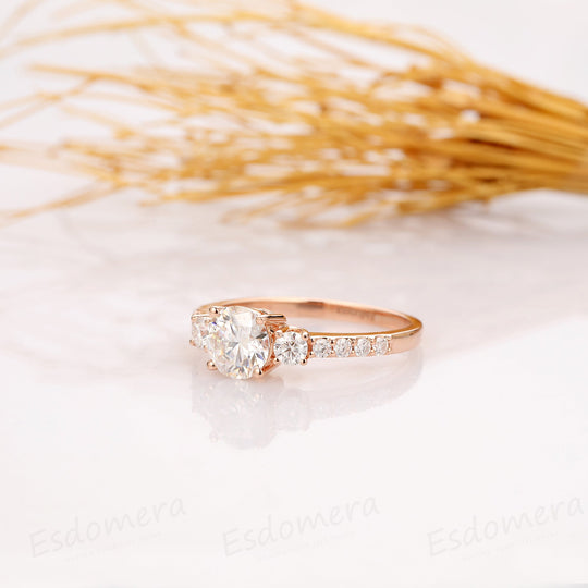 1.0CT Round Cut Moissanite Engagement Ring, 3 Stone Art Deco Ring
