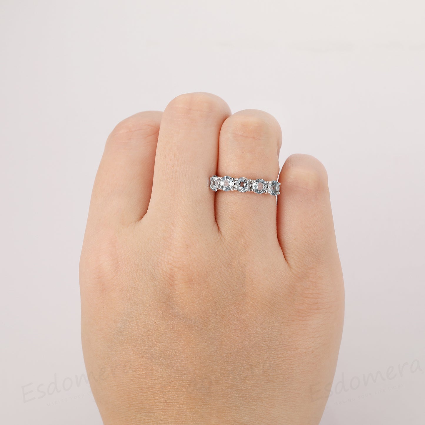 2ctw Round Aquamarine Engagement Ring, 14k White Gold 5 Stone Prong Setting Ring