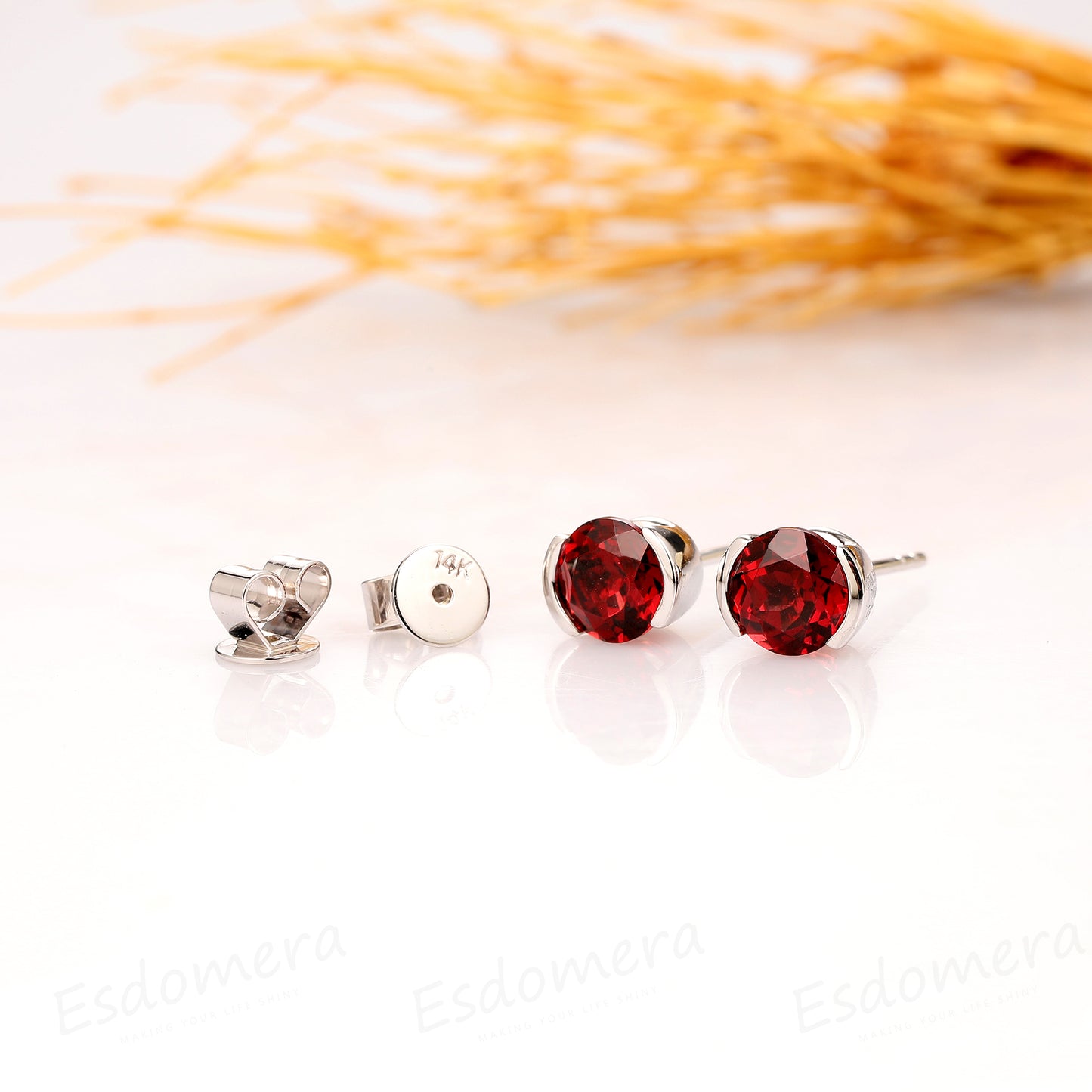 Natural Red Garnet Earrings, 1.60CTW Round Cut Garnet Earrings, 14k Solid White Gold