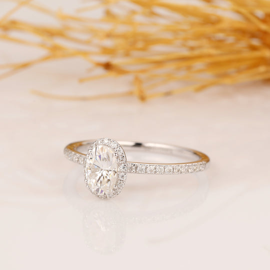 Oval Cut 0.5CT Moissanite Wedding Ring, Halo Pave Accents Engagement Ring, 14k Solid Gold Ring