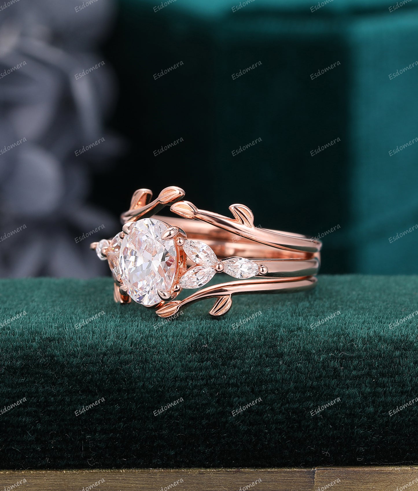 Bridal Ring Set, Art Deco Oval Cut 6x8mm Moissanite Engagement Ring, Enhancer Moissanite Band, Vintage Leaf Promise Ring