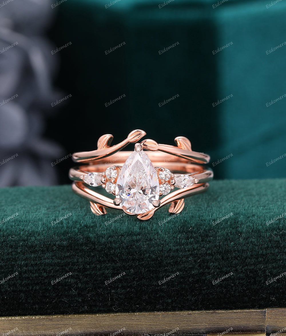 Pear Cut 1.50CT Moissanite Leaf Ring Vintage Art Deco Enhancer Wedding Ring