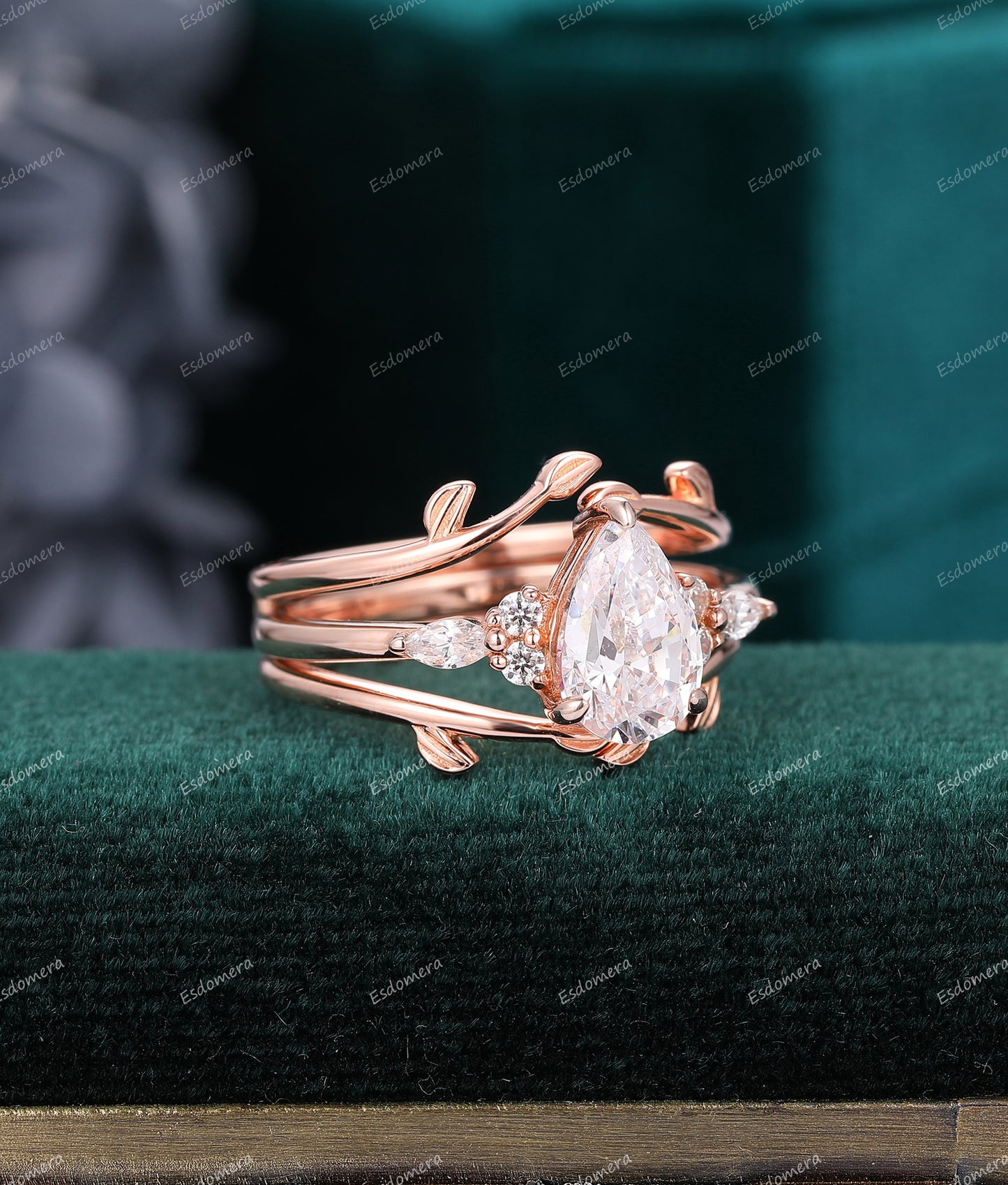 Pear Cut 1.50CT Moissanite Leaf Ring, Vintage Art Deco Enhancer Wedding Ring, Anniversary Bridal Set