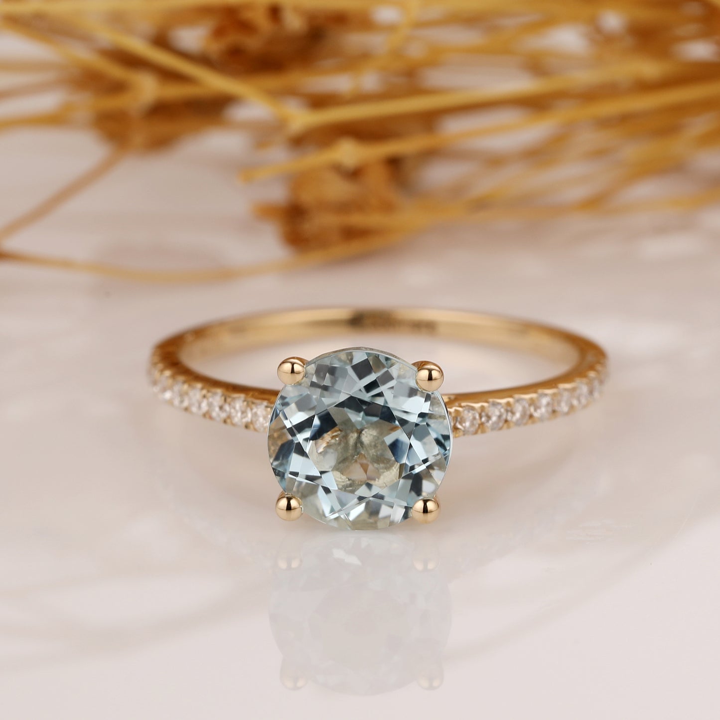 1.25CT Round Cut Aquamarine Engagement Ring, Solid Gold Ring, Promise Wedding Ring