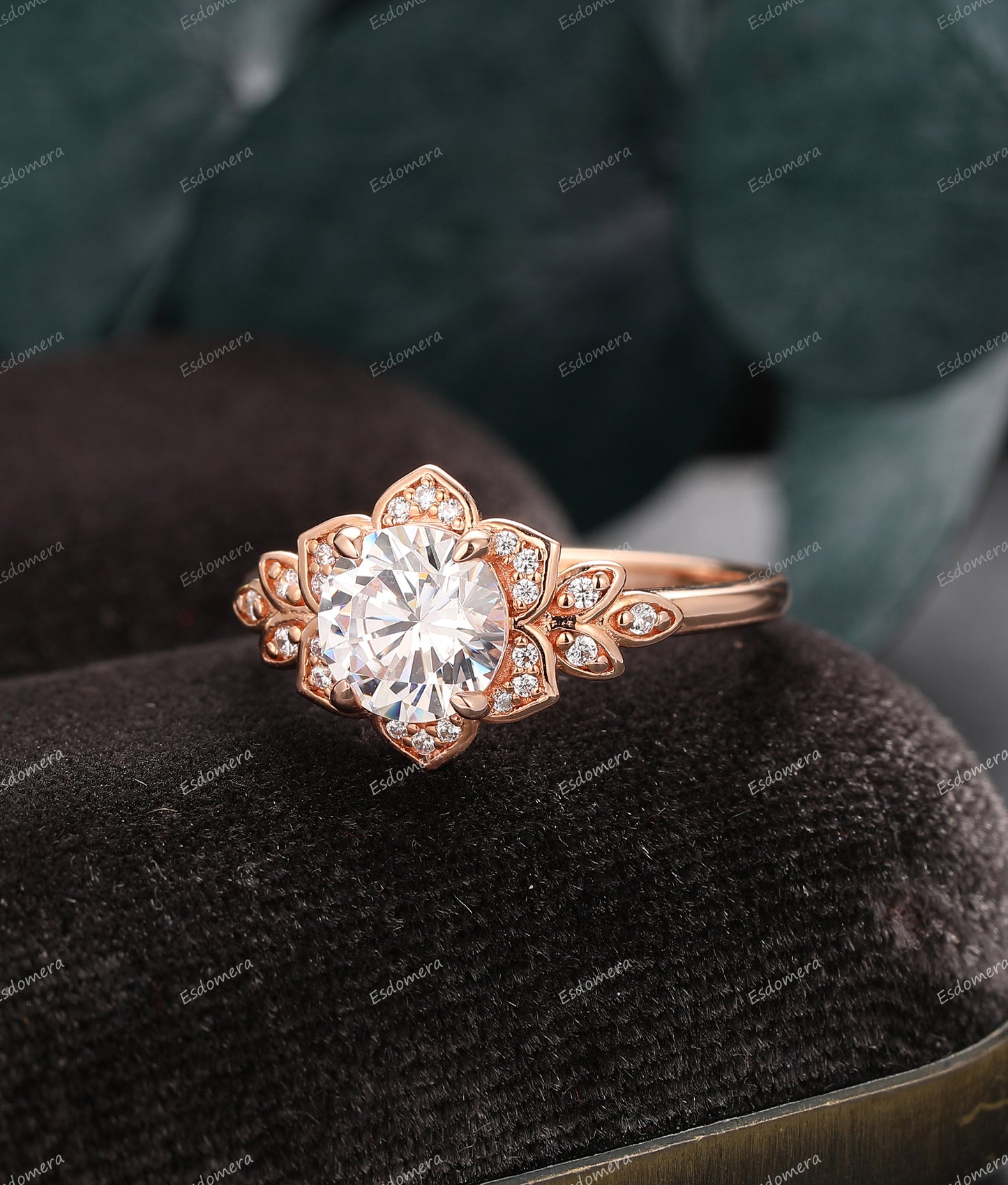 1.25CT Round Cut Moissanite Ring, Floral Halo Ring, 4 Prongs Setting Ring, 14k Rose Gold Moissanite Ring, Art Deco Moissanite Engagement Ring