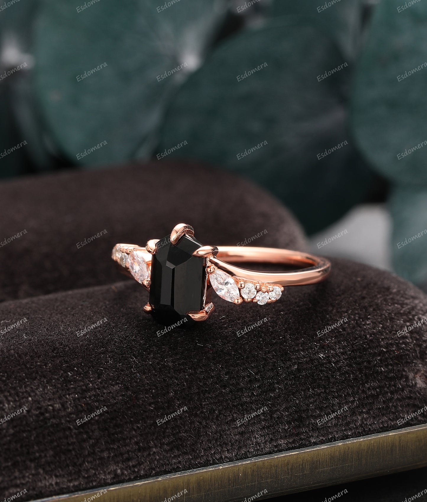 Pentagon Cut 1.15CT Natural Black Onyx Engagement Ring, Moissanite Wedding Ring, 14K Rose Gold Bridal Ring