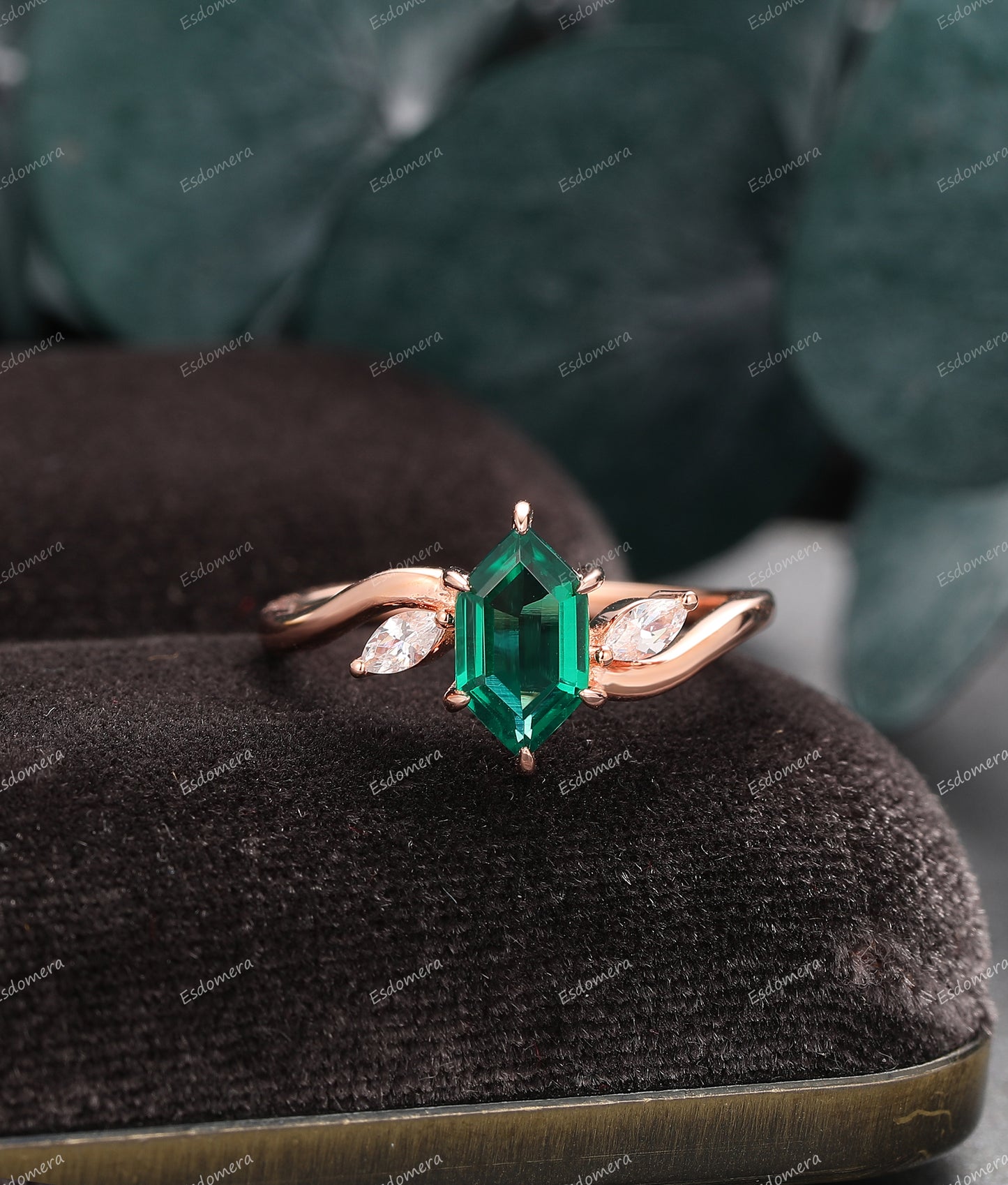 Art Deco Long Hexagon Cut Emerald Wedding Ring, Marquise Moissanite Ring, 14K Rose Gold Ring, Prong Set Ring, Unique Gift For Her