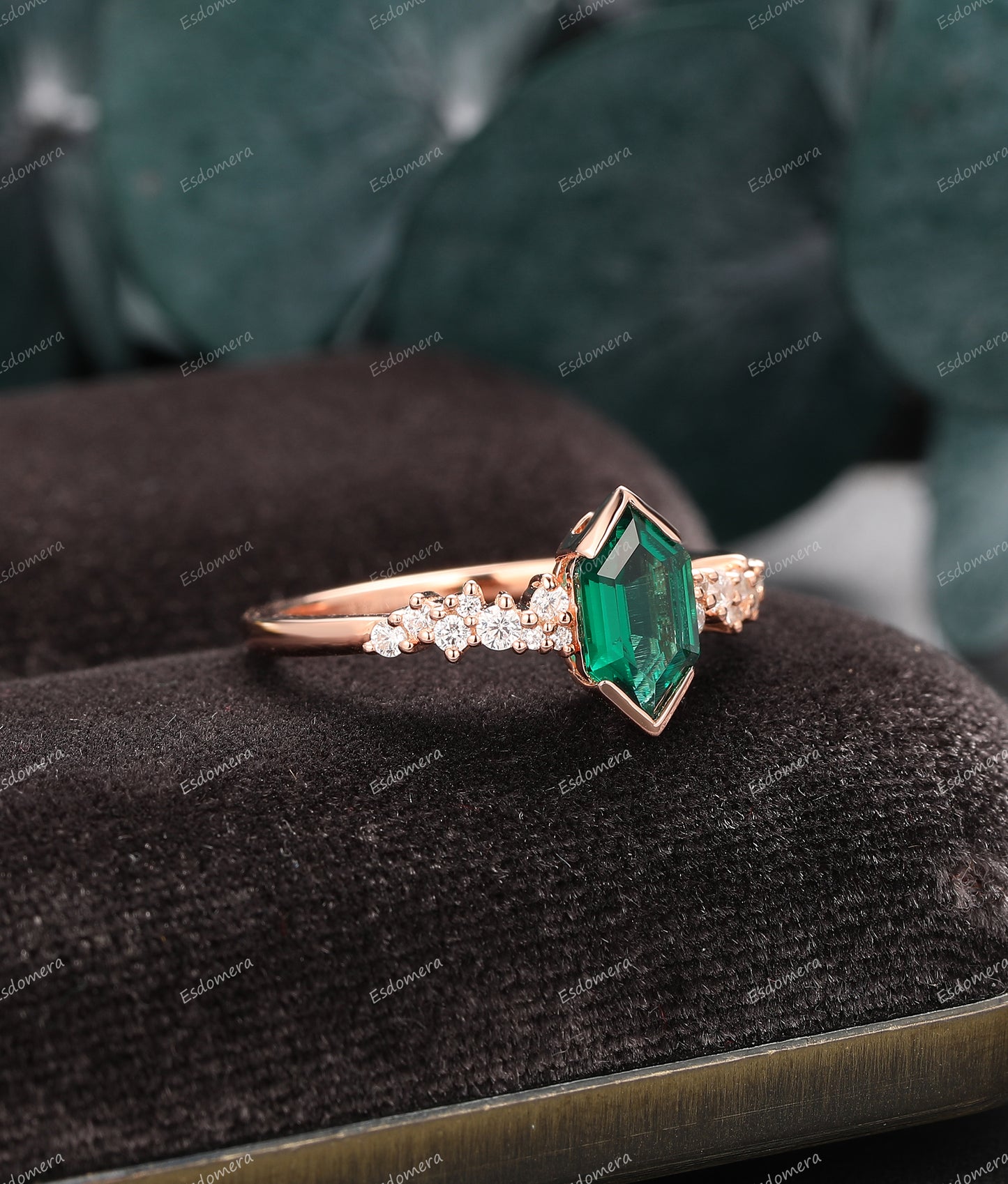 Vintage 1.10CT Long Hexagon Cut Emerald Wedding Ring, Moissanite Cluster Ring, Unique Rose Gold Statement Ring For Women