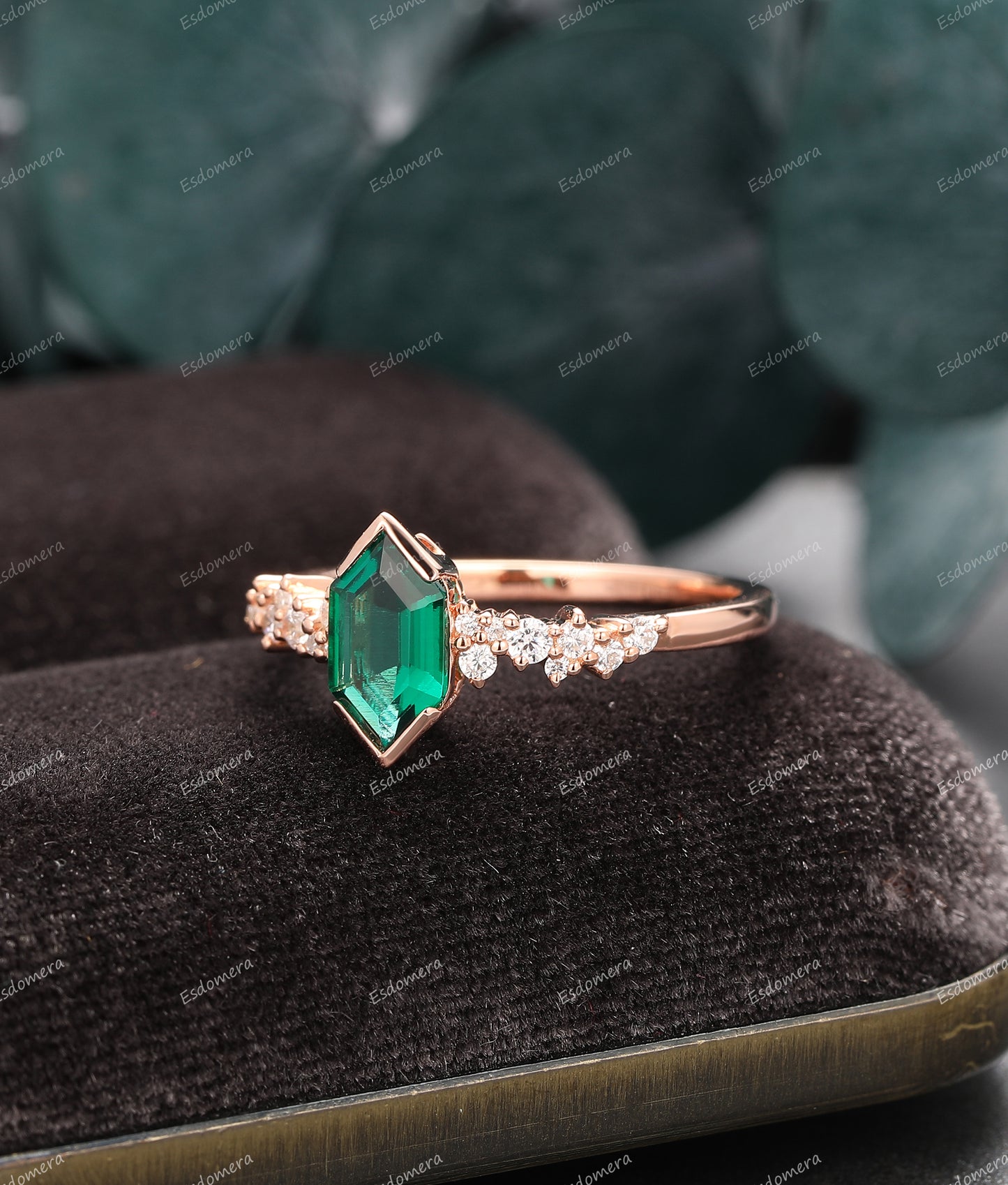 Vintage 1.10CT Long Hexagon Cut Emerald Wedding Ring, Moissanite Cluster Ring, Unique Rose Gold Statement Ring For Women