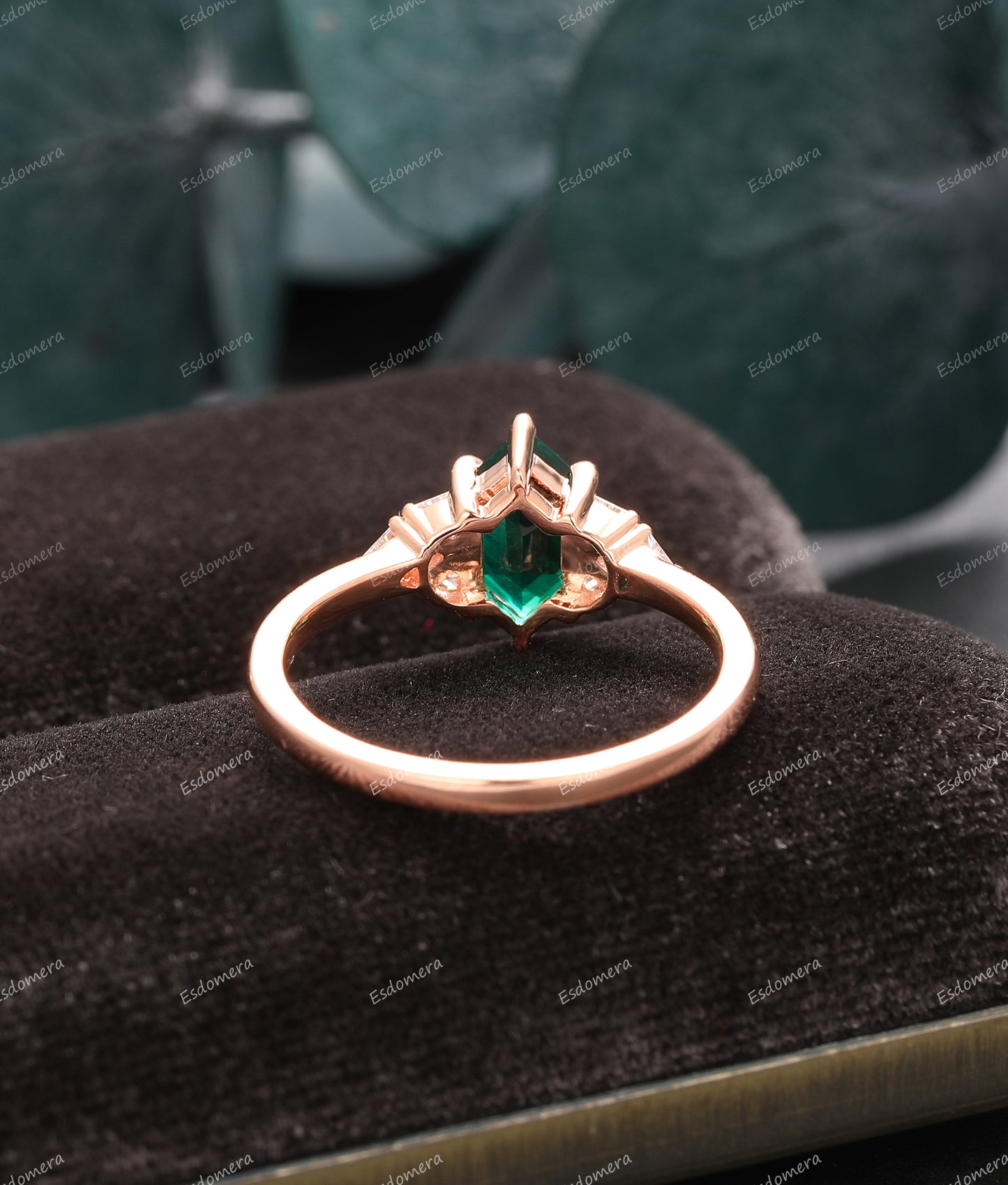 Art Deco 1.10CT Long Hexagon Cut Emerald Ring, Moissanite Accent Ring, 14K Rose Gold Bridal Anniversary Gift For Women