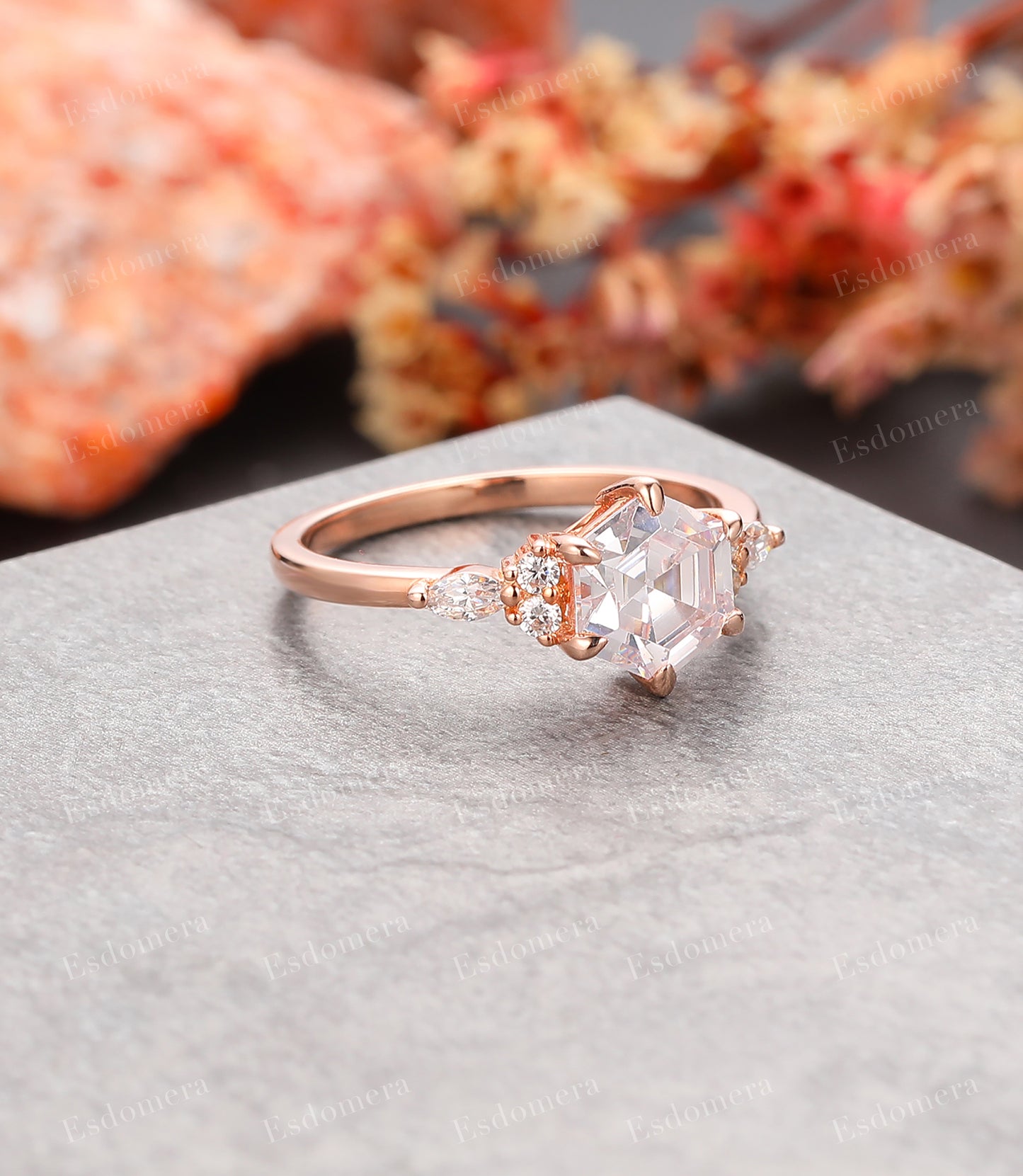 Classic Hexagon Cut Moissanite Promise Ring For Women, 14k Rose Gold Vintage Engagement Ring, Birthday Gift For Her
