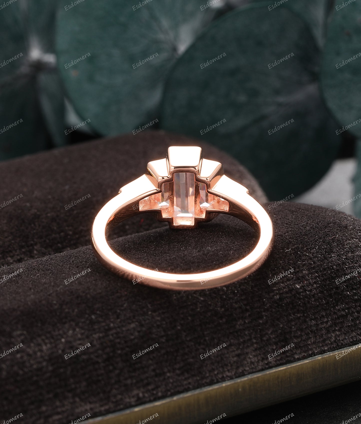 Bezel Set 3x9mm Baguette Cut Engagement Moissiante Ring, 14k Rose Gold Art Deco Moissanite Promise Ring For Women